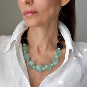 14KGF Black Agate & Green Fluorite Statement Knotted OOAK Necklace